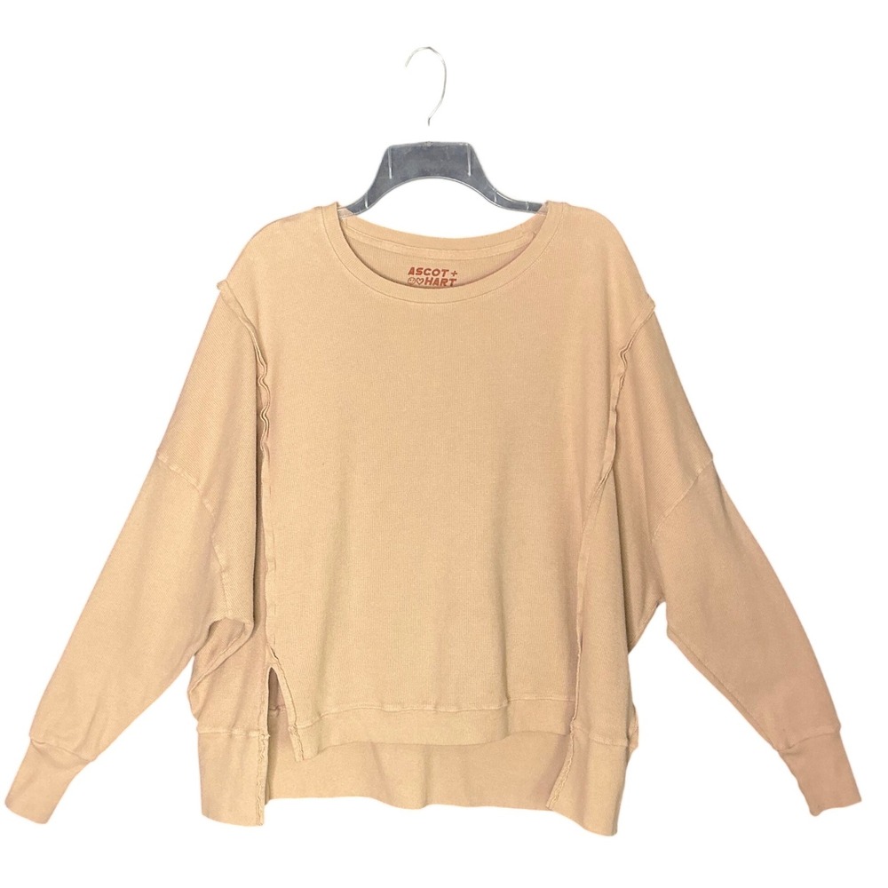 Ascot + Hart Waffle Knit Pullover Sweatshirt Medium Beige Raw Hem Minimalist